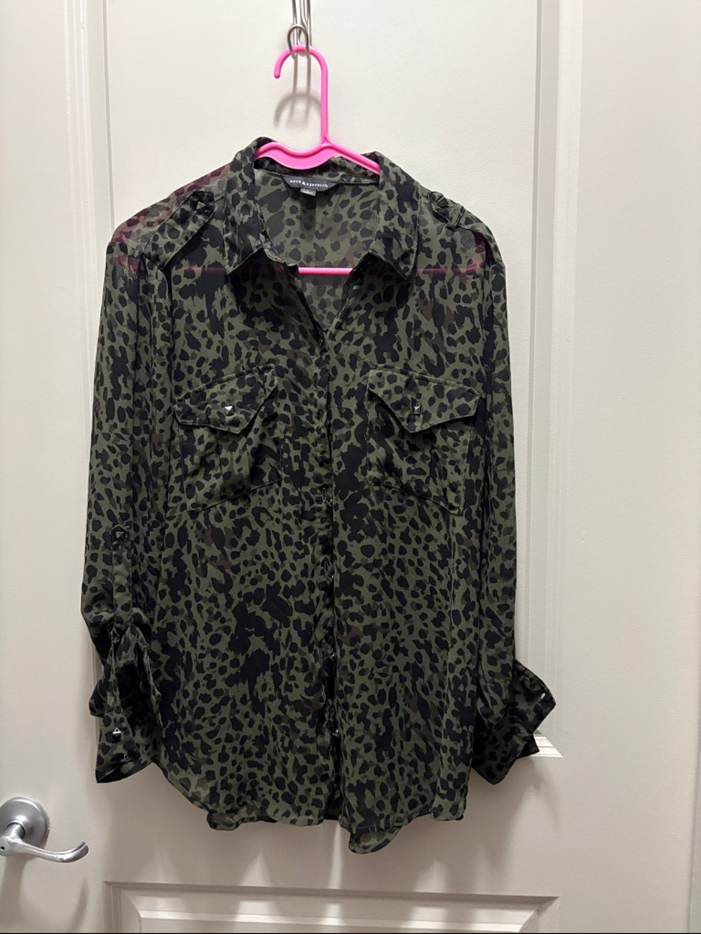 Rock & Republic Olive Green and Black Leopard Print Top